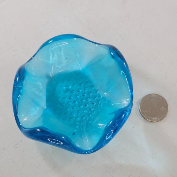 Vintage Blue Art Glass Wavy Edge Ashtray Votive Holder Trinket Dish - Picture 8 of 8